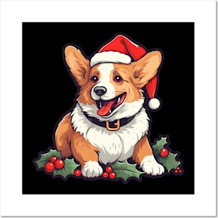 Happy Corgi Christmas Holly Posters and Art